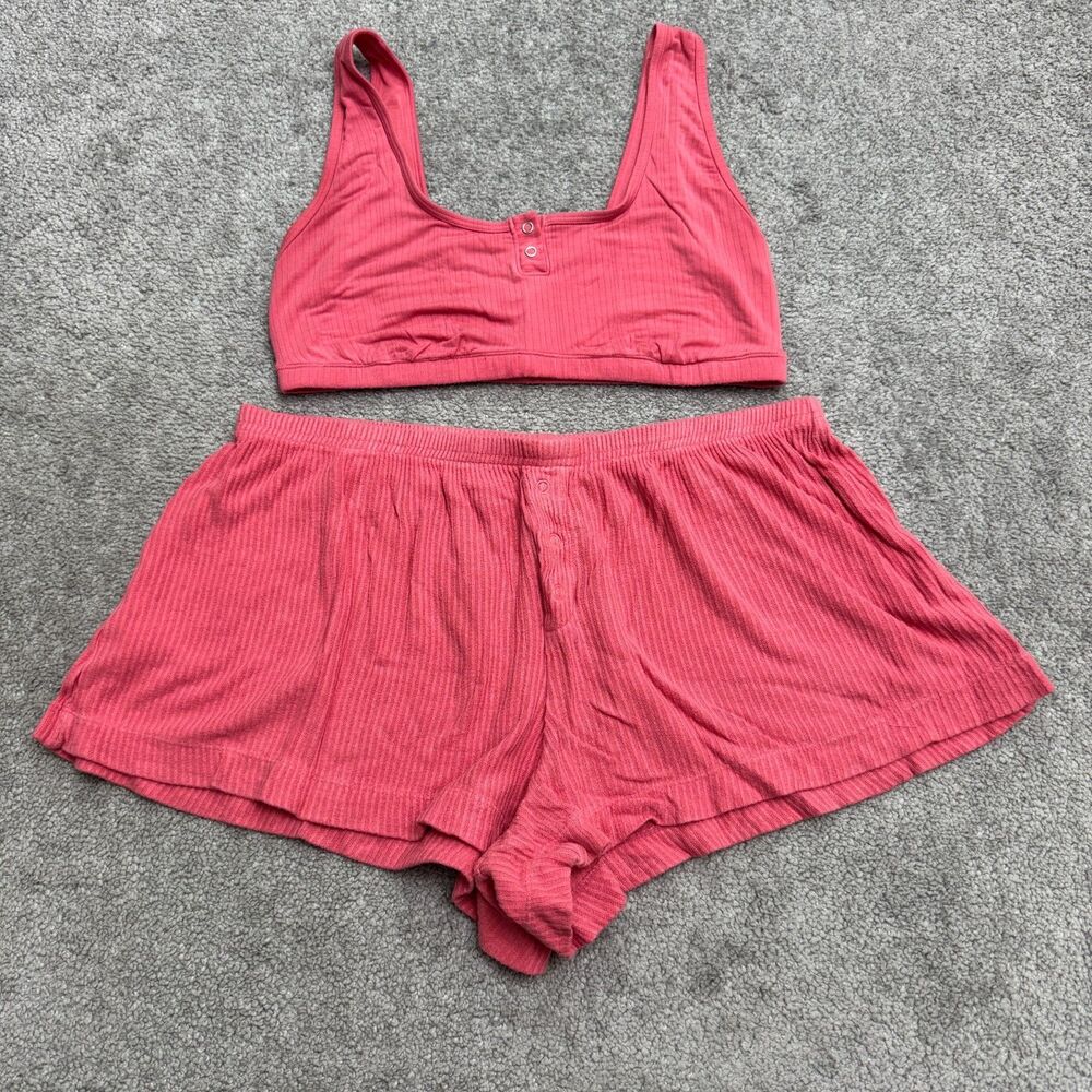 Auden Ribbed Pajama Set Womens Medium M Bralette Henley Shorts Pink Lounge Sleep